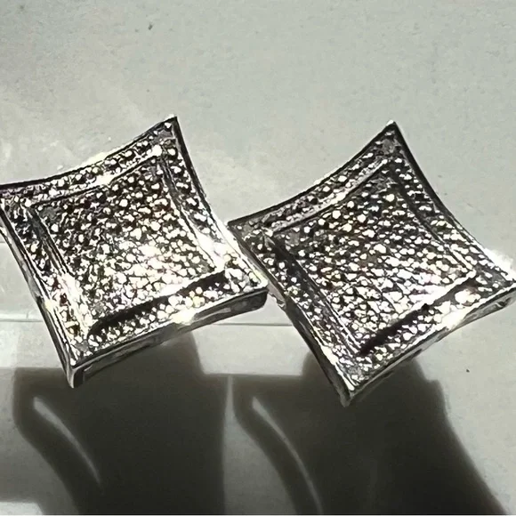 Mens 14K White GoldOver Solid Sterling SilverDiamonds DesignerEarrings